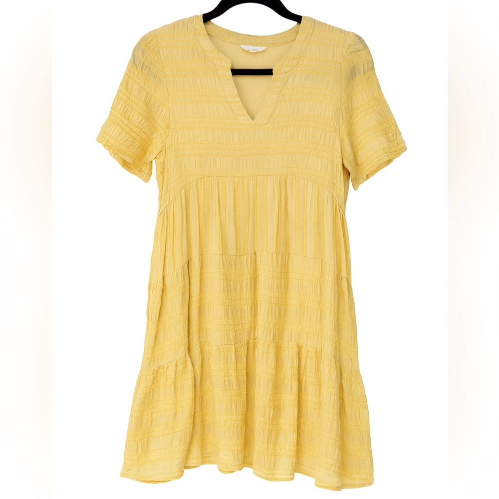 Yellow Textured Tiered Mini Dress with Puff Sleeves & Tie Details